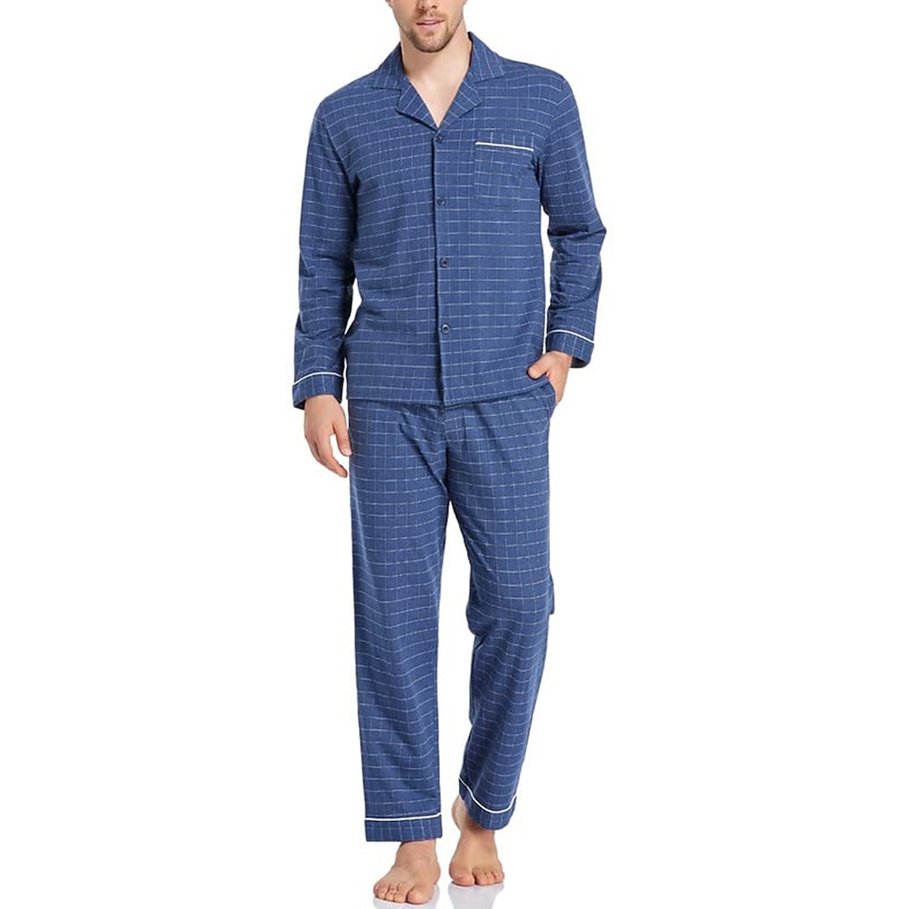 Herren Hausanzug Schlafanzüge Schlafanzug Set Pyjama-Oberteil und Hose 2 Stück Plaid Stilvoll Brautkleider schlicht Komfort Heim Täglich Baumwolle Polyester Komfort Kargen Langarm Hemd Hose Kordelzug Lightinthebox