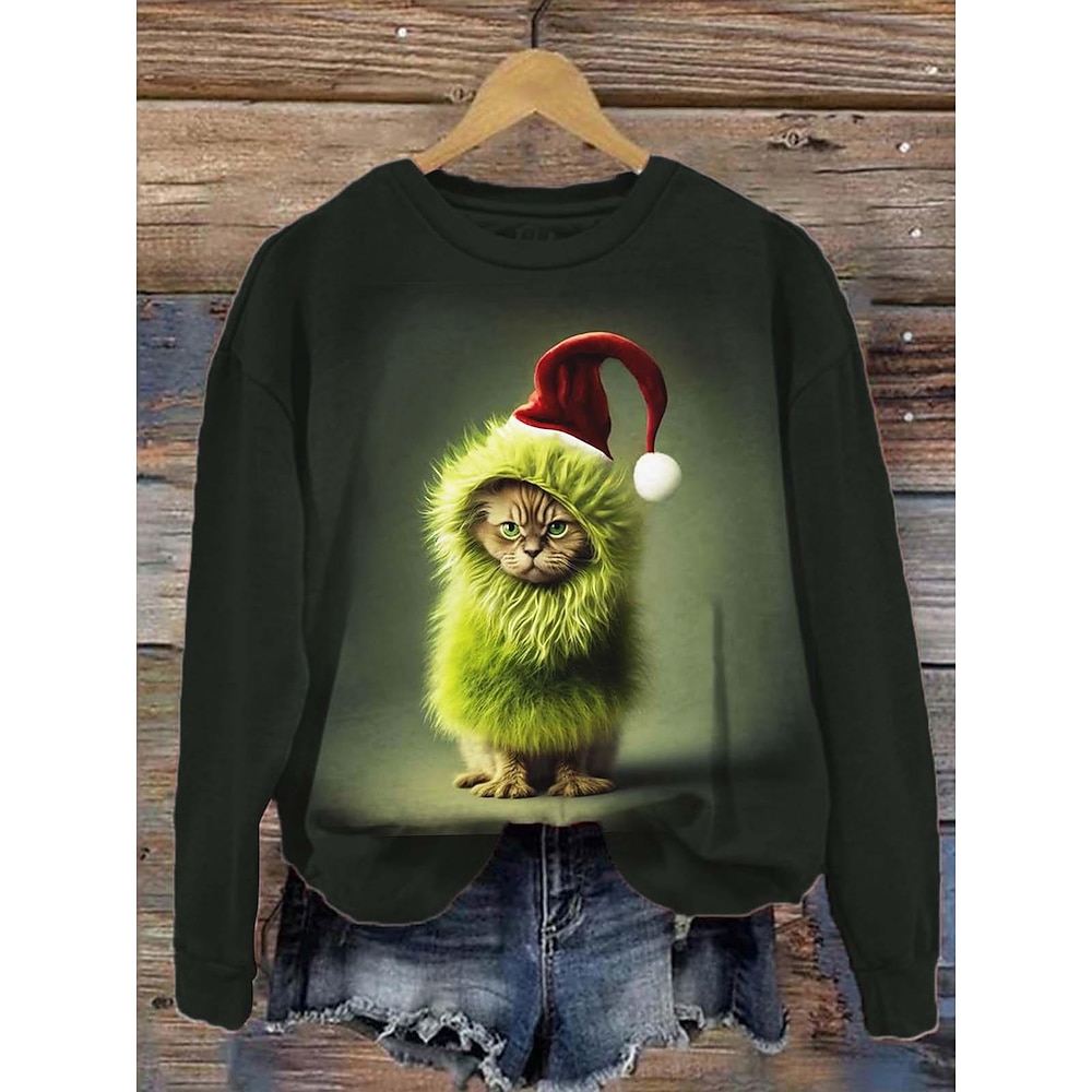 Unisex Weihnachts-Sweatshirt, langärmelig, grün, mit Weihnachtsmannmütze und Katzen-Print, lässig, festlich, Rundhalsausschnitt, bequeme Kleidung, Weihnachtsgeschenk Lightinthebox