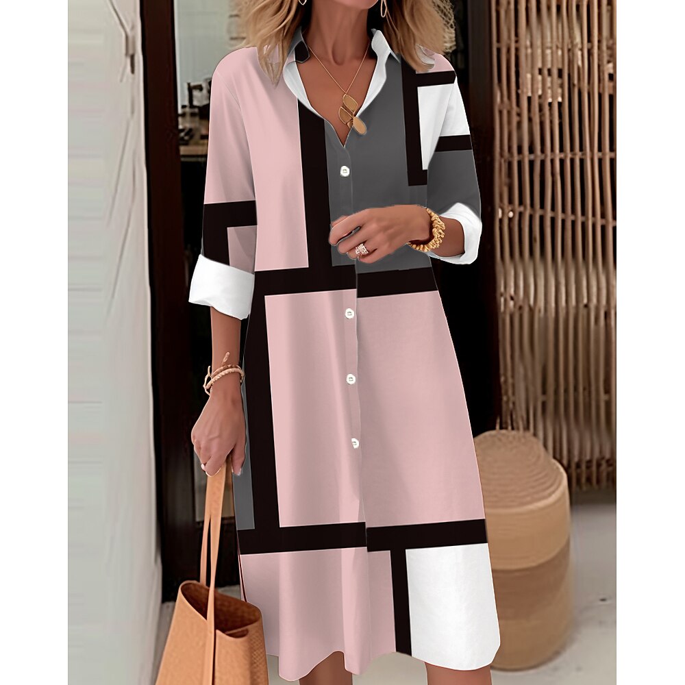 Damen Hemdkleid Freizeitkleid Midikleid Outdoor Büro Alltag Mode Modern Hemdkragen Knopftasche Langarm Herbst Winter Lockere Passform Geometrisch Kariert Lightinthebox