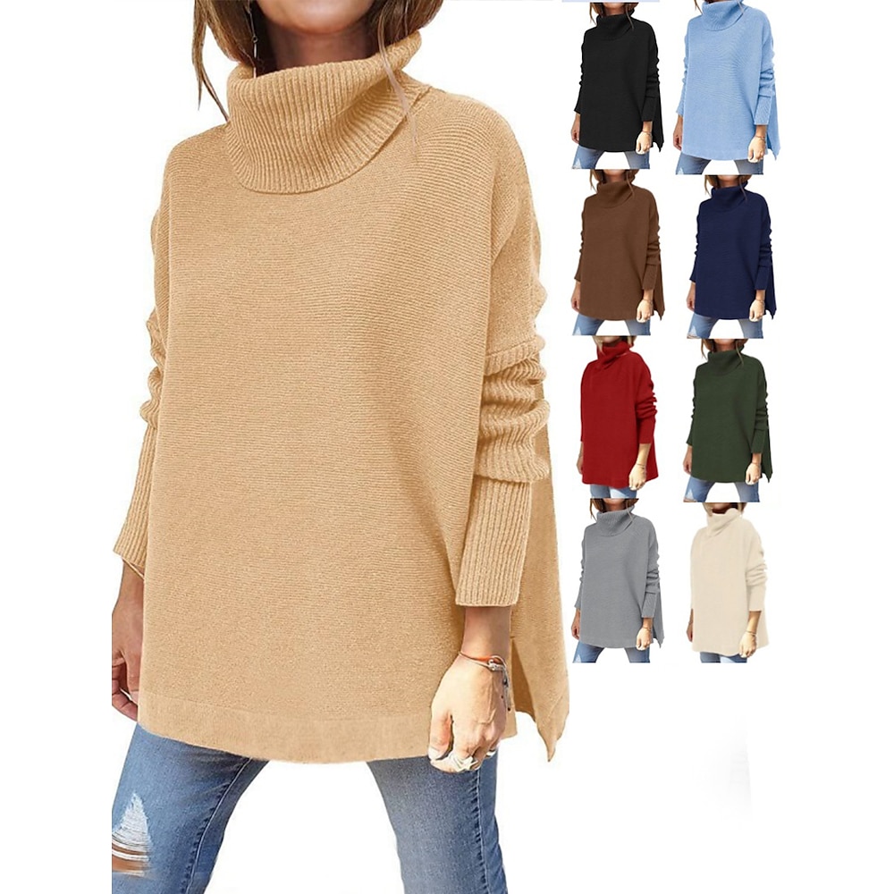 Damen Pullover Rollkragen Gerippt Stricken Acryl Patchwork Herbst Winter Standard Täglich Ausgehen Wochenende Stilvoll Brautkleider schlicht Weich Langarm Feste Farbe Weinrot Schwarz Olivgrün S M L Lightinthebox