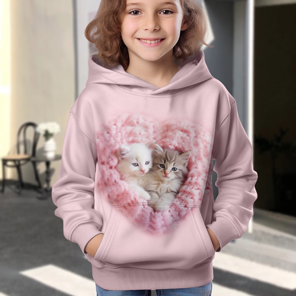 Mädchen-Kapuzenpullover mit 3D-Katze, langärmelig, 3D-Druck, Herbst, Winter, aktiv, modisch, niedlich, Polyester, Kinder 3-12 Jahre, Outdoor, lässig, täglich, normale Passform Lightinthebox