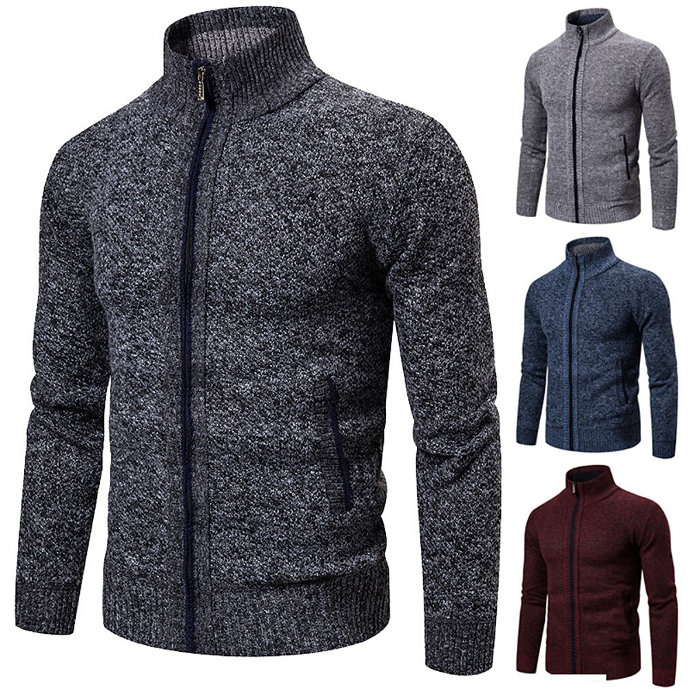 Herren Strickjacke Zip Pullover Reißverschluss Gerippt Stricken Standard Tasche Strick Glatt Ständer Warm-Ups Moderne zeitgenössische Freizeitskleidung Ausgehen Bekleidung Winter Weinrot Schwarz S M L Lightinthebox