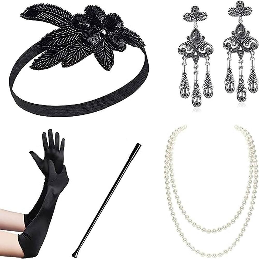 1920er-Jahre-Gatsby-Zubehörset für Damen, Flapper-Stirnband, 20er-Jahre-Kopfbedeckung, Halskette, Handschuhe Lightinthebox