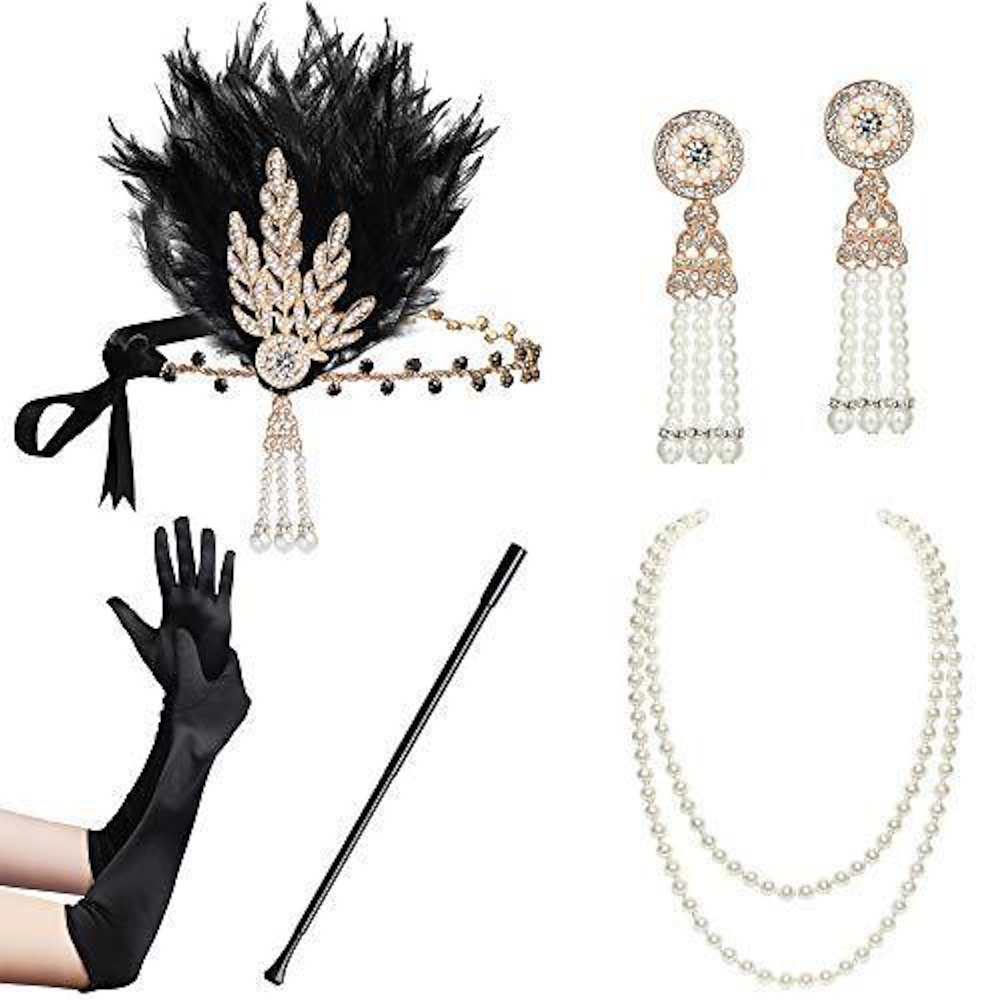 Vintage 1920s Der große Gatsby Flapper Stirnband Zubehör-Set Halskette Ohrring Charleston Damen Feder Maskerade Festival Erwachsene Handschuhe Stirnband Ganzjährig Lightinthebox