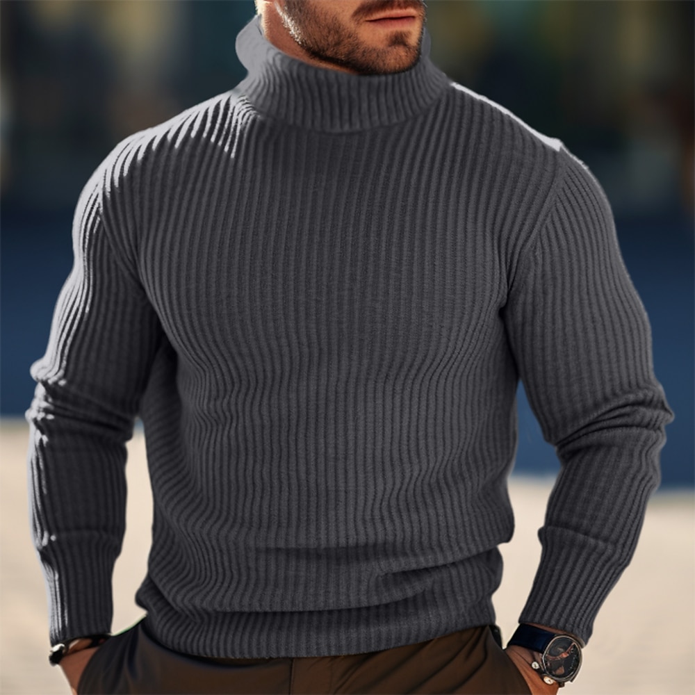 Herren Wollpullover Pullover Rollkragenpulli Overall Gerippt Stricken Standard Strick Schmaler Schnitt Glatt Rollkragen Moderne zeitgenössische Arbeit Freizeitskleidung Bekleidung Winter Schwarz Rote Lightinthebox