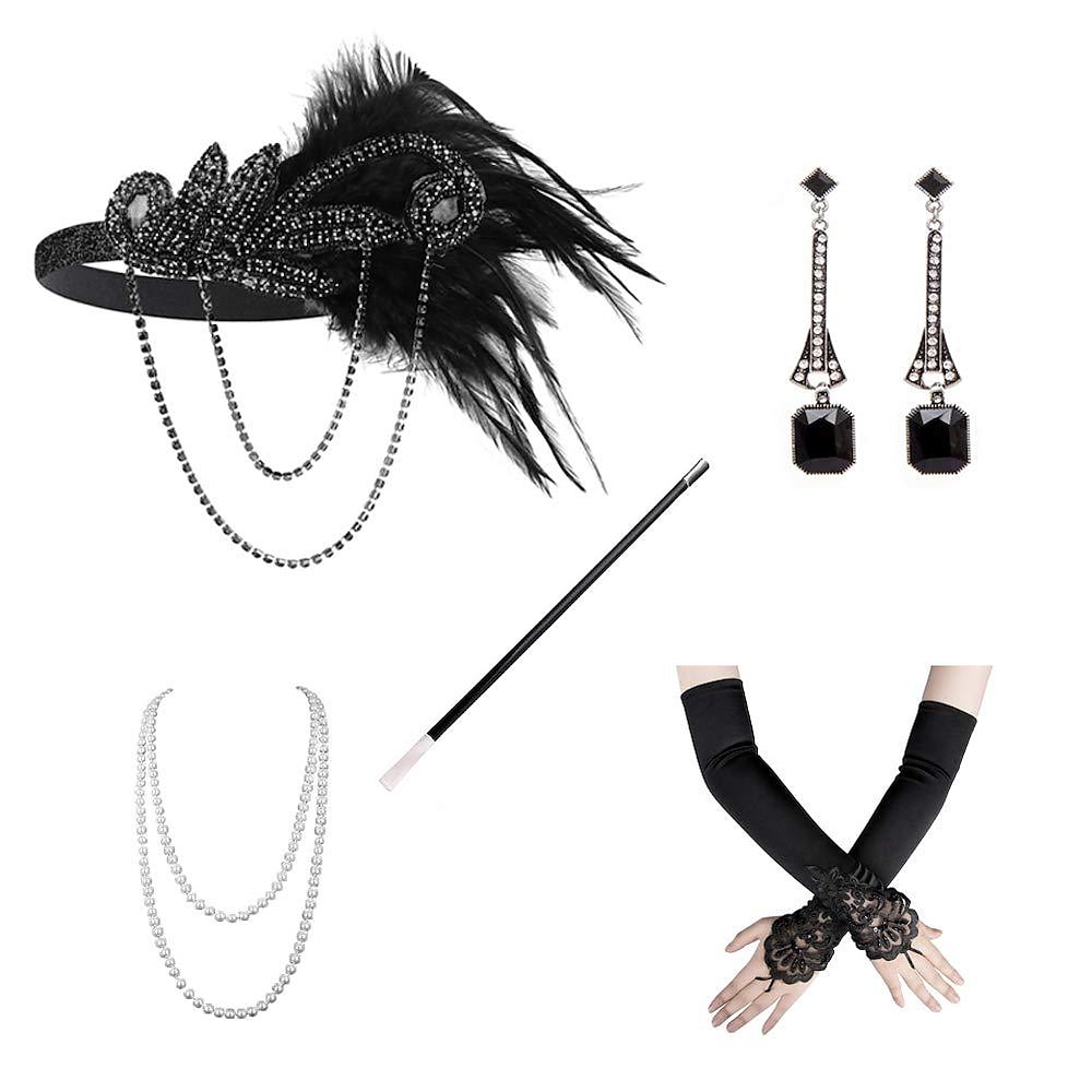 Vintage 1920s Der große Gatsby Flapper Stirnband Zubehör-Set Halskette Ohrring Charleston Feder Damen Maskerade Junggesellinnenabschiedsparty Festival Erwachsene Handschuhe Stirnband Ganzjährig Lightinthebox