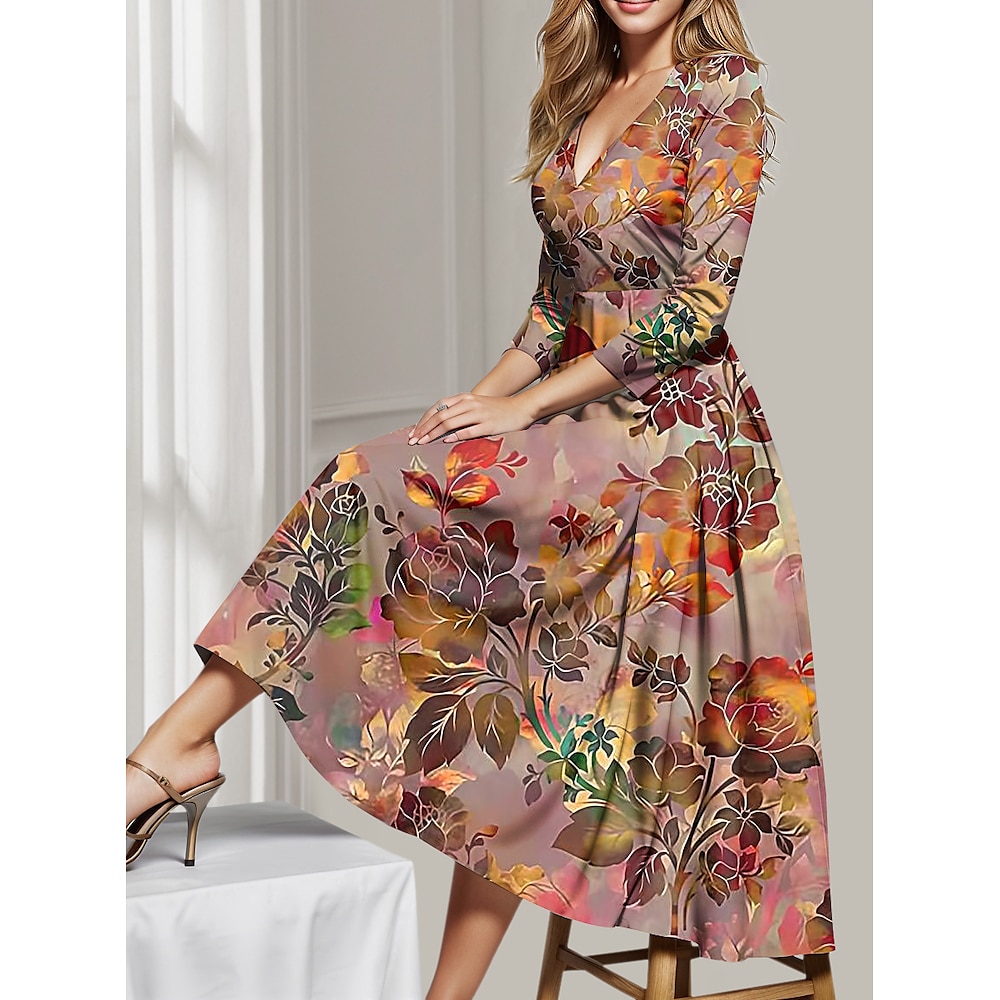 Damen abendkleider Cocktailkleid Kleid für Hochzeitsgäste Schaukelkleid Modisch Party Modern winterkleider damen Urlaub kleid hochzeitsgast Regular Fit Blumen 3/4 Ärmel Tiefes V Rote Blau Grün Lightinthebox