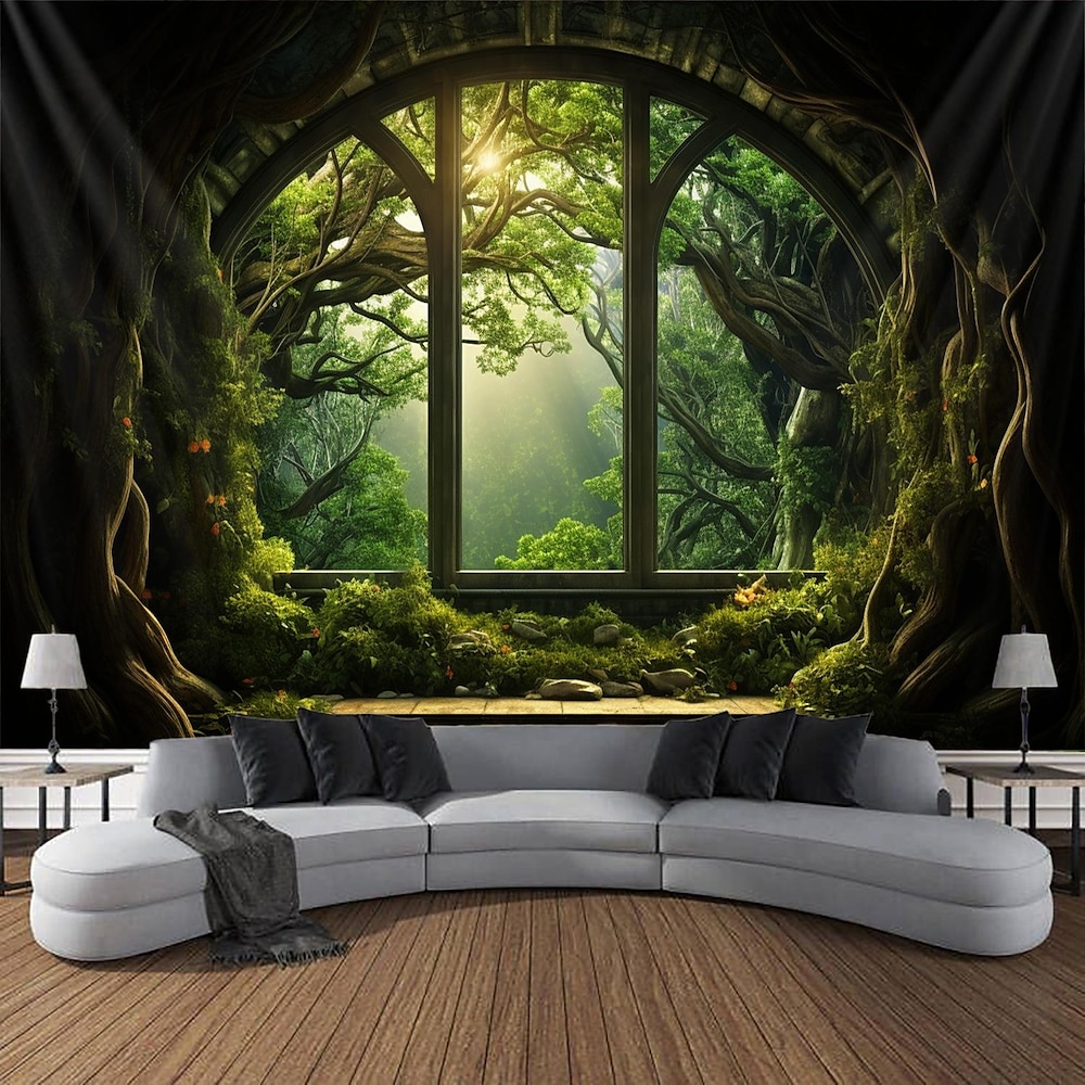 Fensteransicht Wald hängende Wandteppich Wandkunst große Wandteppich Wanddekor Fotografie Hintergrund Decke Vorhang Zuhause Schlafzimmer Wohnzimmer Dekoration Wandtuch XXL Natur Lightinthebox