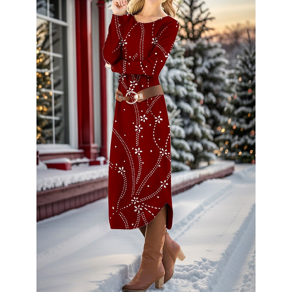 Winterkleid für Damen, langärmelig, Rundhalsausschnitt, rot mit weißen Perlen, asymmetrischer Saum, Gürtel, halbformell, Party, elegant, normale Passform, Weihnachtszeit, Kleidung Lightinthebox