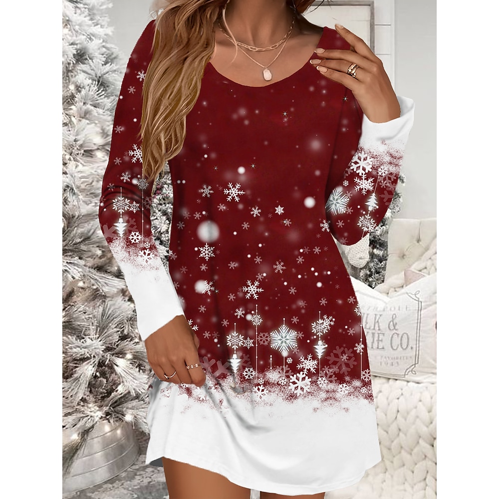 Damen Schneeflockenkleid Urlaub Rot Weiß Farbverlauf Langarm Casual Weihnachtsfeier Wintermode U-Ausschnitt Bequeme Passform Lightinthebox