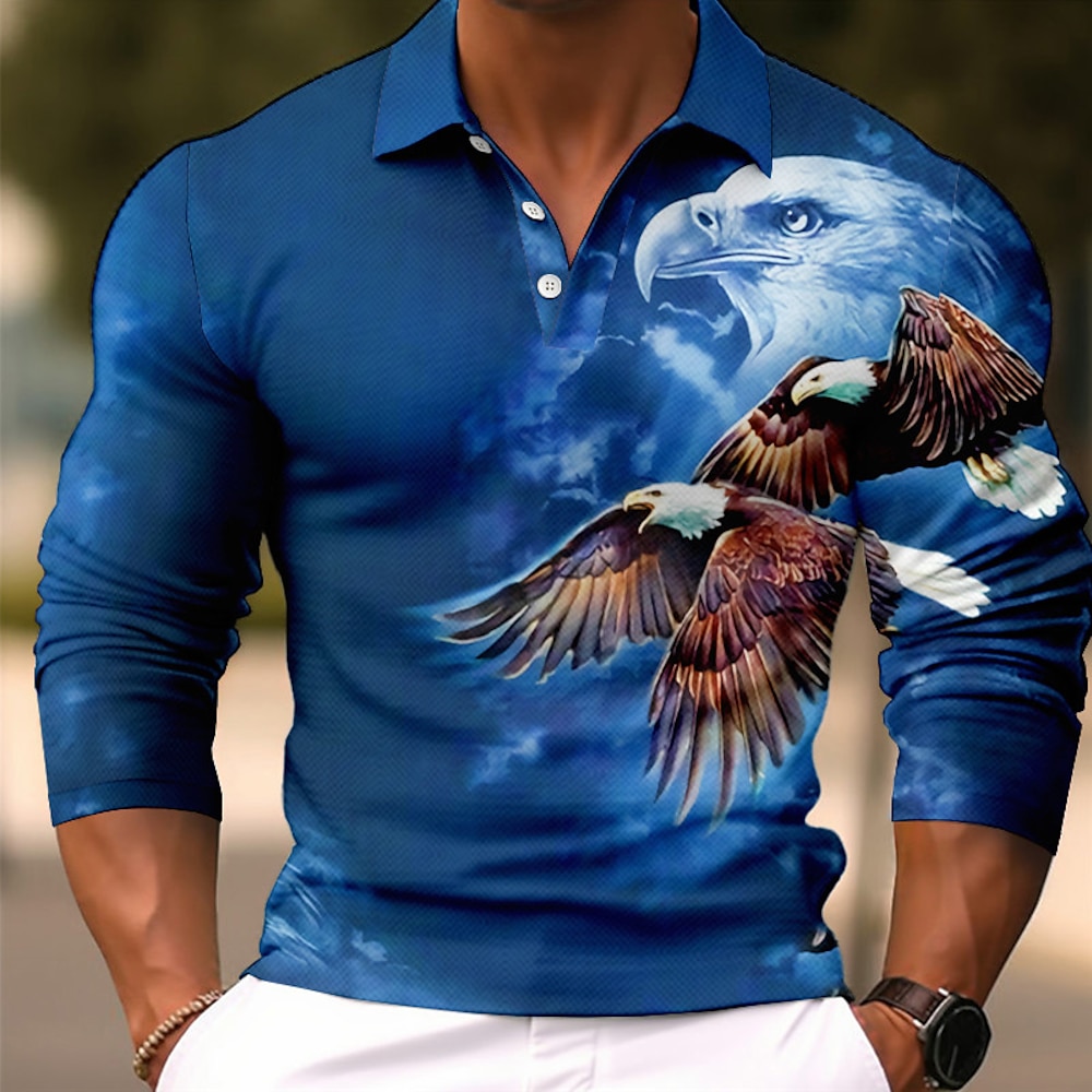 Herren Adler Poloshirts Golfhemd Langarm Polo-Shirts Hemden mit Kragen Brautkleider schlicht Lustig Strassenmode Urlaubskleidung Party-Outfits Knopf 3D-Druck Wein Blau-Grün Blau Lightinthebox