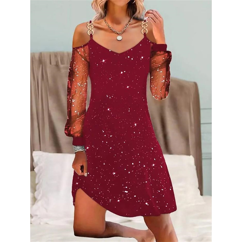 Abendkleid für Damen mit kalten Schultern, langen Ärmeln, Sternenglanz, Glitzer, V-Ausschnitt, Burgunderrot, Cocktailparty, elegant, verführerisch, Herbst/Winter, Kleidung Lightinthebox