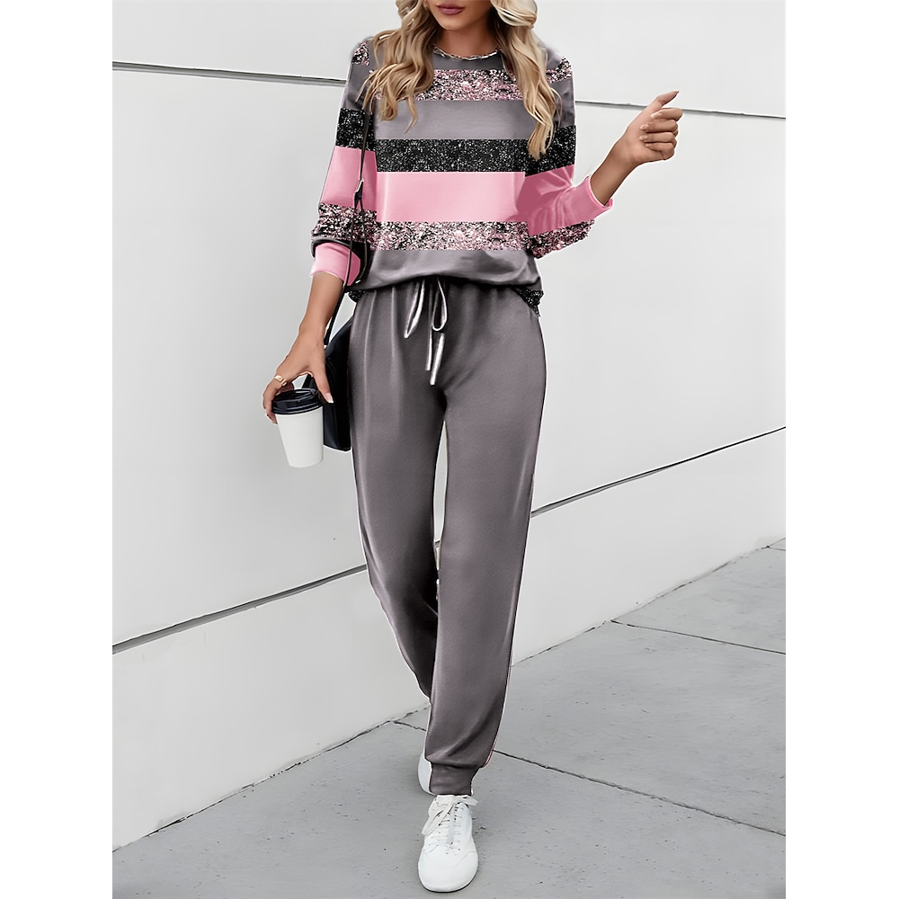 Damen Aktiv Täglich Trainingsanzug Hosen-Sets Pullover Jogginghose Jogger Hosen Hose Langarm Rundhalsausschnitt Farbblock Kordelzug Bedruckt Outdoor Casual Gelb Rosa Blau Frühling Herbst Regular Fit Lightinthebox