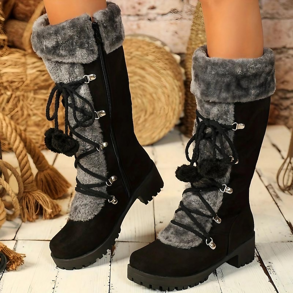 Schwarze Winterstiefel zum Schnüren für Damen mit Kunstfellbesatz, Bommeldetails und robuster, rutschfester Sohle für den Einsatz im Schnee und bei kaltem Wetter Lightinthebox