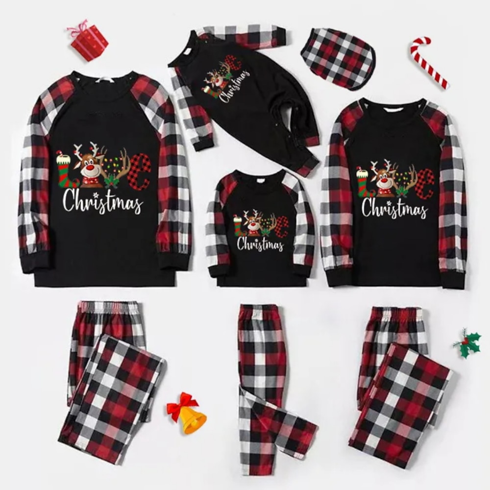 Familie Weihnachten Weihnachtspyjama für die Familie Pyjamas Baumwolle Plaid Karierter Pyjama Niedlicher Weihnachtspyjama Heim Bedruckt Schwarz-1 Schwarz-3 Schwarz-6 Langarm Mama und ich Outfits Aktiv Lightinthebox