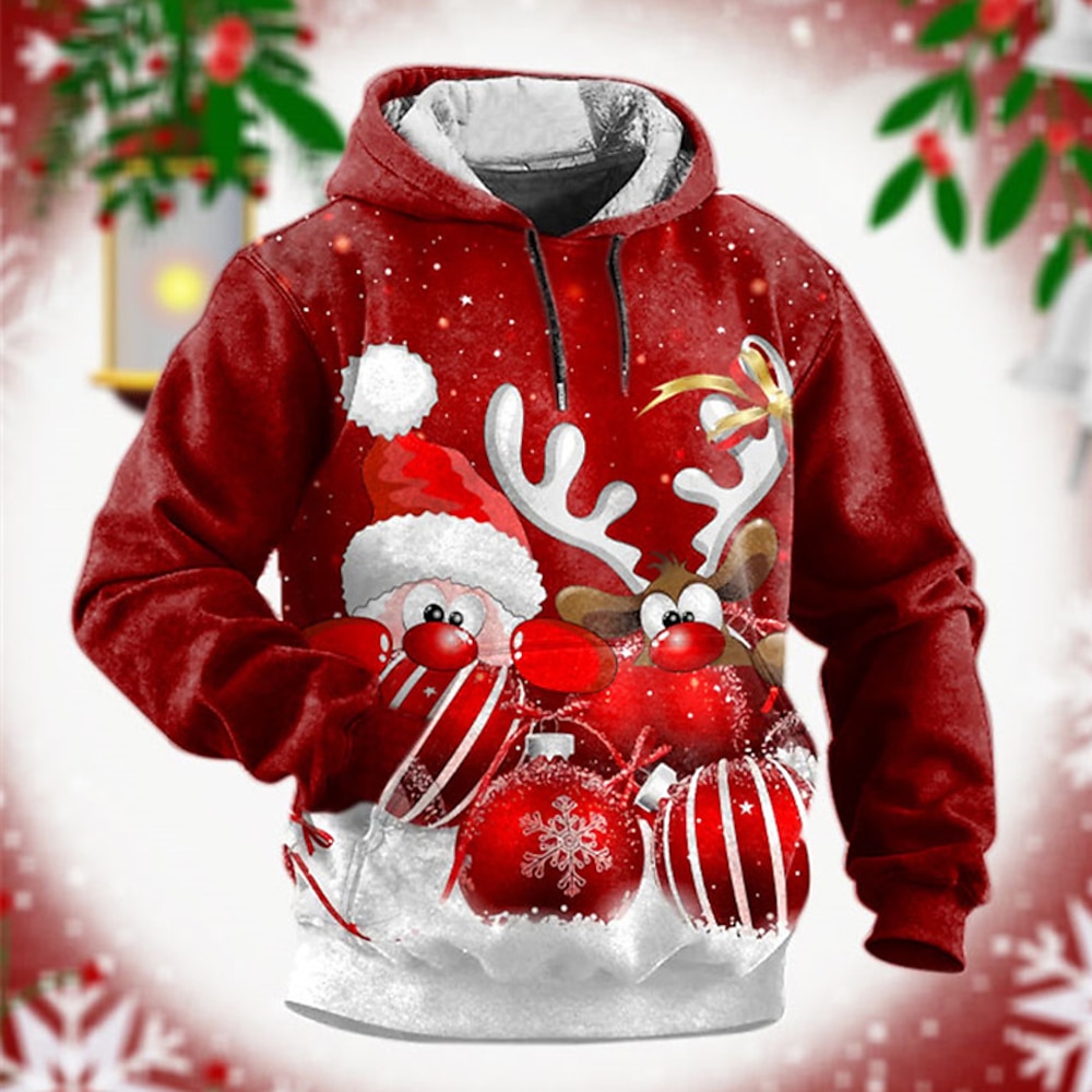 Weihnachtspullover mit Weihnachtsmann-3D-Grafik für Herren, modischer 3D-Druck für Sport und Outdoor, Urlaubspullover, rot, Drak Red, langärmelig, mit Kapuze, Druck vorne, Tasche, Frühlingamp;Herbst Lightinthebox