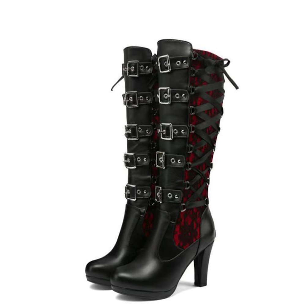 Kniehohe High Heels mit Schnürung für Damen im Gothic-Stil mit mehreren Schnallenriemen - schwarze Lederstiefel im Steampunk-Stil mit roten Spitzendetails, perfekt für Cosplay und Halloween Lightinthebox