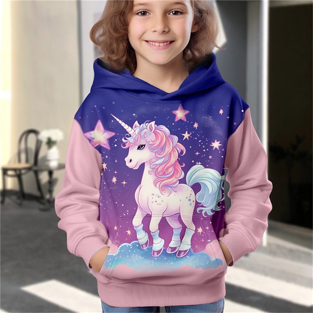 Mädchen-Kapuzenpullover mit 3D-Einhorn, langärmelig, 3D-Druck, Herbst, Winter, aktiv, modisch, niedlich, Polyester, Kinder 3-12 Jahre, draußen, lässig, täglich, normale Passform Lightinthebox