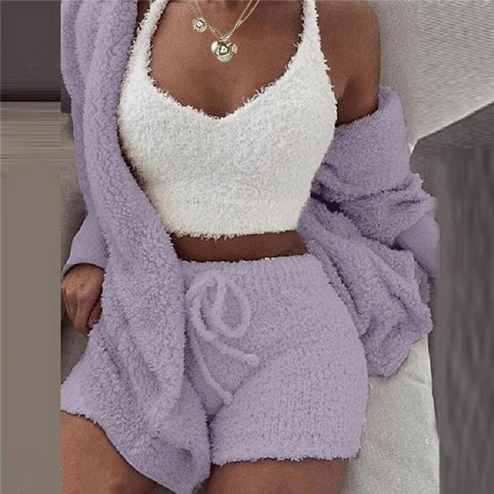 3-teiliges Loungewear-Set für Damen, reine Farbe, sportlich, plüschig, lässig, für zu Hause, für den Alltag, Baumwollmischung, atmungsaktiv, V-Bügel, langärmelige Shorts, elastische Taille, Lightinthebox