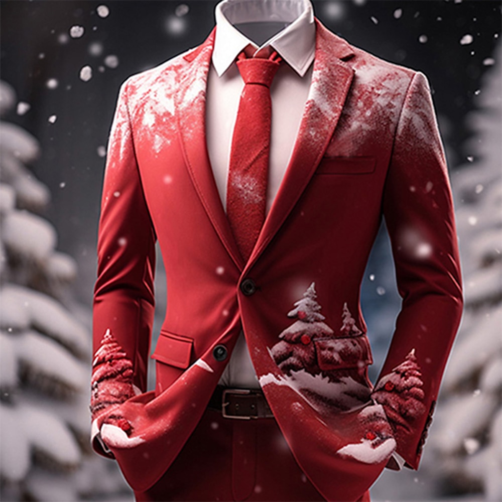 Weihnachts-Blazer für Herren mit Weihnachtsszenen-Print, Baum-Business-Mantel, Blazer, warm, atmungsaktiv, bequem, Arbeitskleidung, zum Ausgehen, Knopfdruck, mehrere Taschen, normale Passform, Lightinthebox