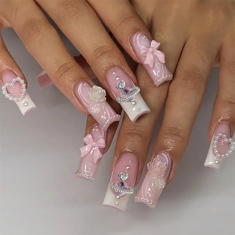 24 Stück lange quadratische Nägel zum Aufdrücken, französische Spitze, künstliche Nägel, vollständige Abdeckung, 3D-Strass-Acryl, falsche Nagelspitzen mit Edelsteinen, süßes Rosa, zum Aufkleben auf Lightinthebox