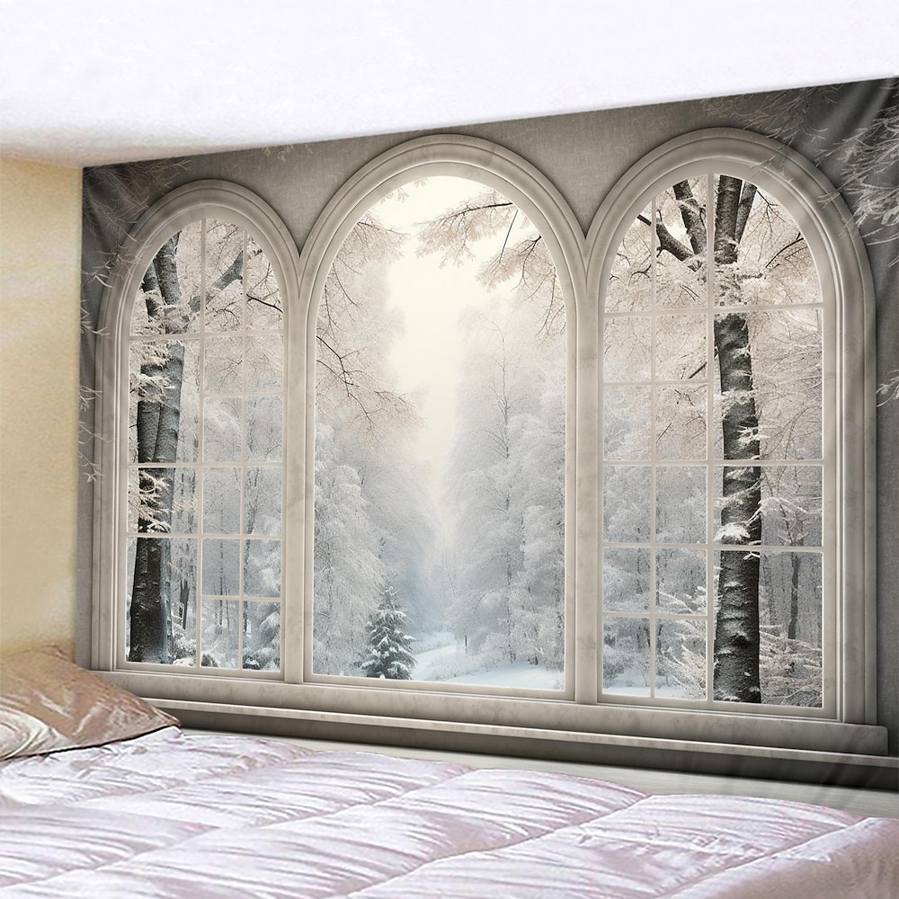 Winter Schnee Fenster hängen Wandteppich Kunst große Wandteppich Wandbild Dekor Fotografie Hintergrund Decke Vorhang Haus Schlafzimmer Wohnzimmer Dekoration Lightinthebox