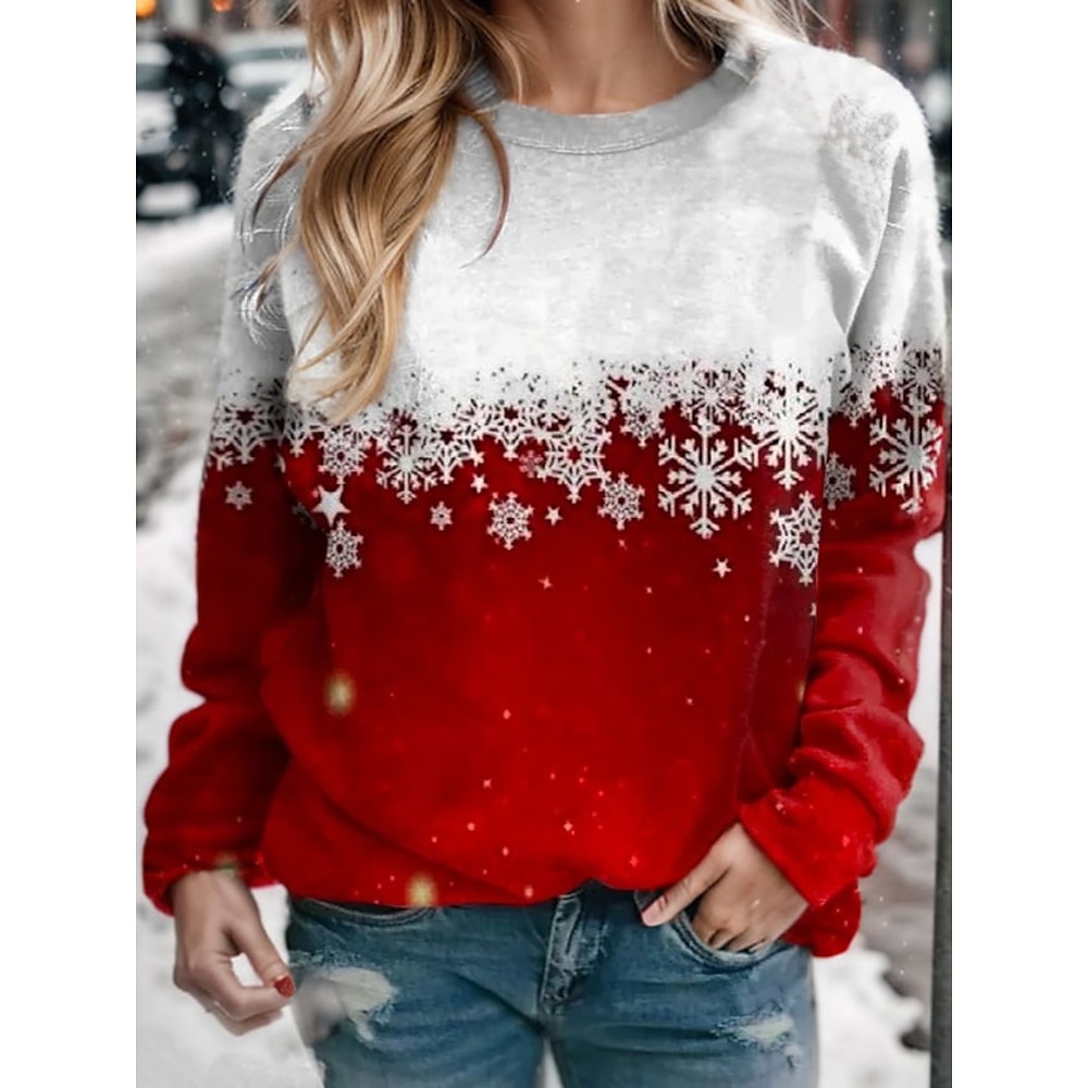 Damen Winter Sweatshirt mit Schneeflocken-Print, langärmelig, Rundhalsausschnitt, Urlaubsoberteil, rot/grau, lässige bequeme Passform, Bekleidung für kaltes Wetter, Größen verfügbar Lightinthebox