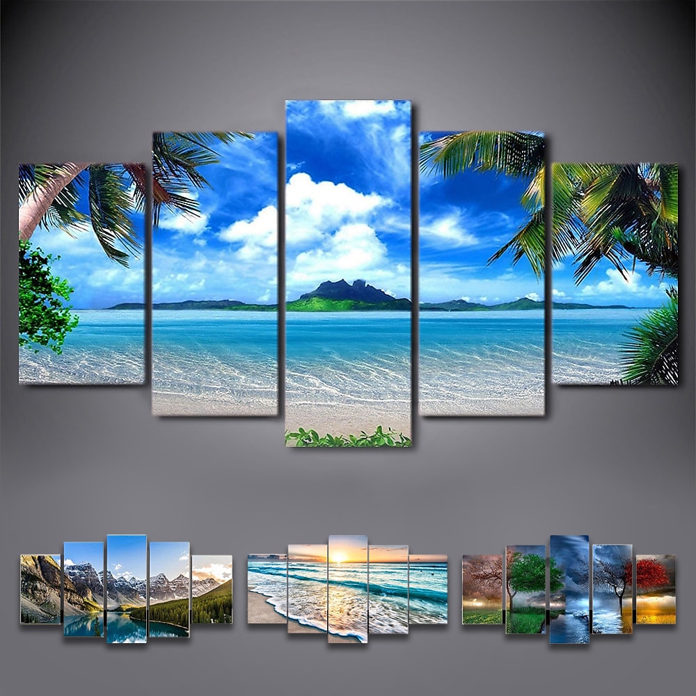 5 Paneele Landschaftsdrucke Poster/Bild Strand blau Meer Sonnenuntergang moderne Wandkunst Wandbehang Geschenk Heimdekoration gerollte Leinwand kein Rahmen ungerahmt ungedehnt Lightinthebox