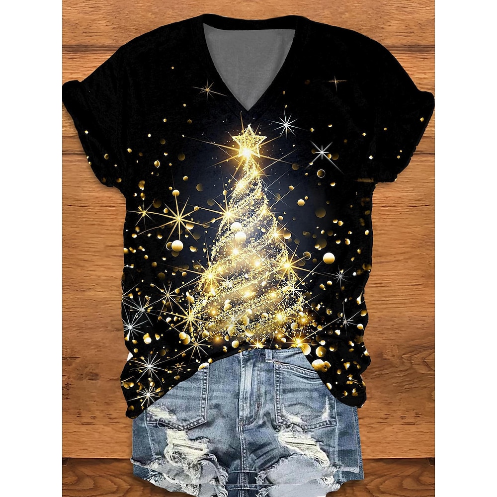 Weihnachts-T-Shirt für Damen mit V-Ausschnitt, schwarz, glitzernder Weihnachtsbaum, kurzärmlig, lässig, festlich, in mehreren Größen erhältlich Lightinthebox