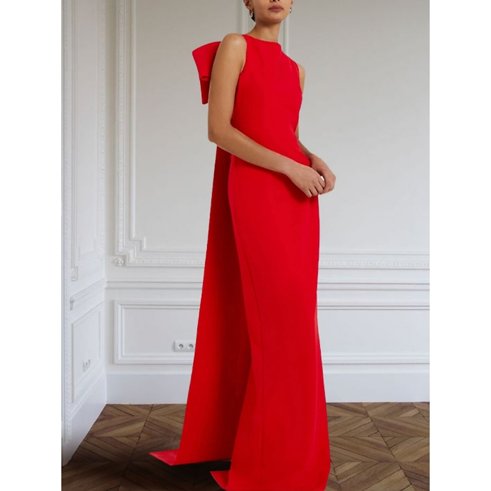 TS Strandhochzeits-Etuikleid, Abendkleid, elegantes, formelles Kleid, Schleppe, ärmellos, Rundhalsausschnitt, Stretchstoff mit Schleife(n), 2025 Lightinthebox