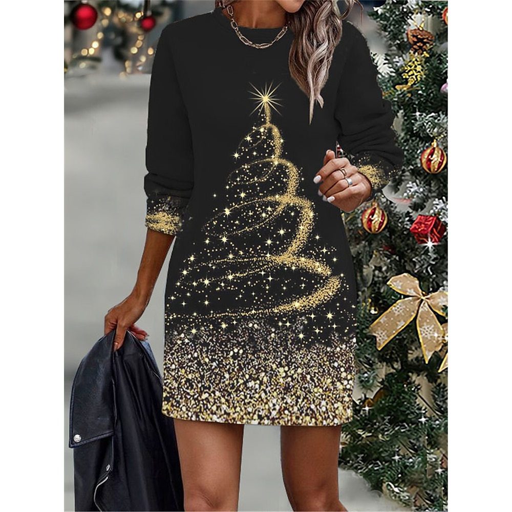 Weihnachtskleid für Damen, langärmelig, festlicher Baum-Glitzer-Druck, Rundhalsausschnitt, Urlaub, Party, lässig, schwarz/gold, Stretch-Passform, bequeme Größen, Feierkleidung Lightinthebox