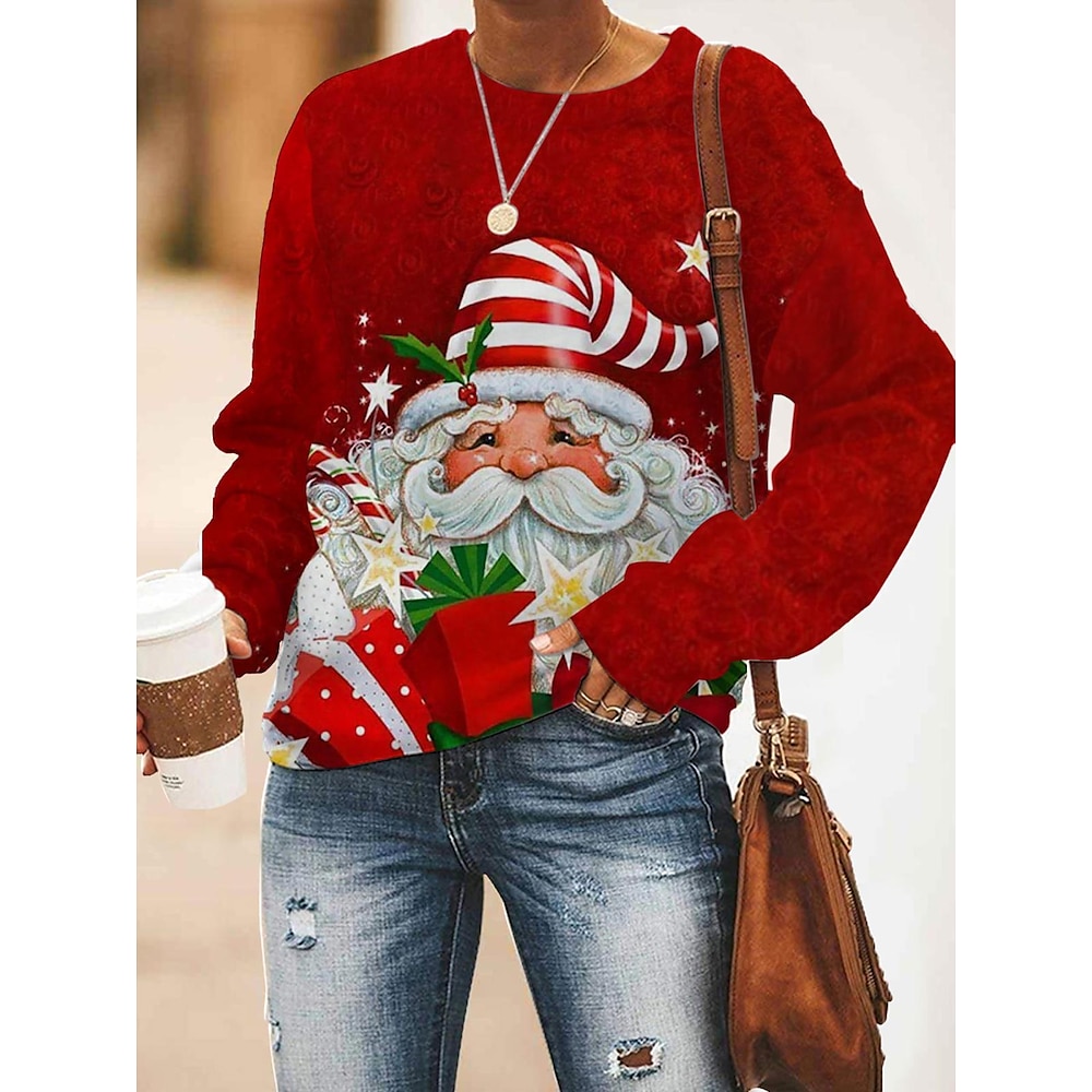 Weihnachts-Sweatshirt für Damen mit festlichem Weihnachtsmann-Print, langärmelig, roter Samt, lässiger Pullover für die Feiertage, Winterbekleidung, Übergröße, bequeme Wärme Lightinthebox