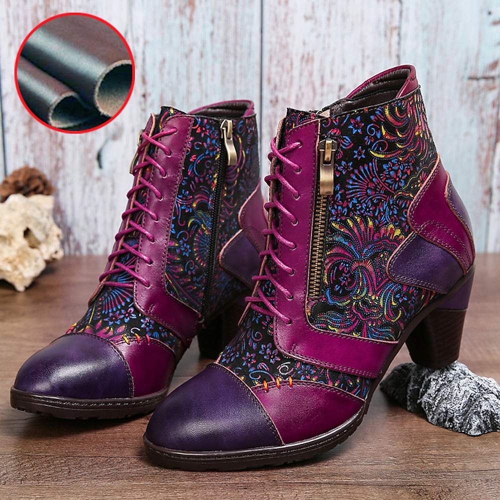 Damen Stiefel Übergrössen Handgefertigte Schuhe Täglich Blumen Farbblock Stiefeletten Stiefeletten Winter Reißverschluss Kätzchen-Ferse Spitze Zehe Vintage Brautkleider schlicht Komfort Leder Lightinthebox