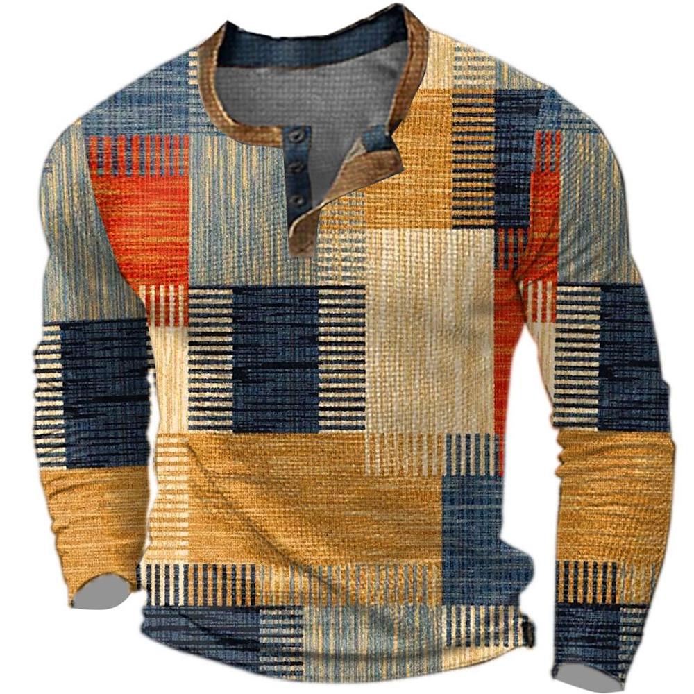 Herren Graphic Farbblock Waffel-Henley-Hemd Legerer Stil Klassicher Stil Langarm T-Shirt 3D-Druck Henley Hemd Modisch Designer Basic Outdoor Täglich Blau Braun Grün Frühling Herbst Bekleidung S M L Lightinthebox