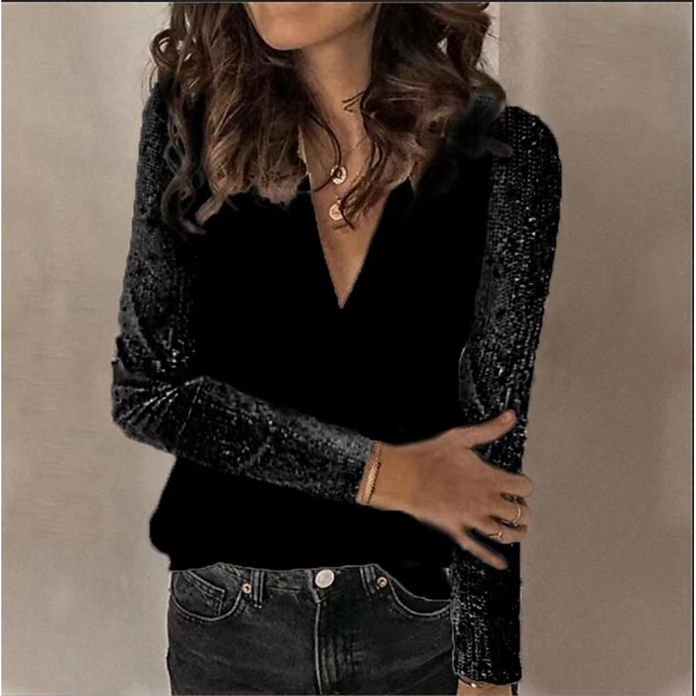 Damen Hemd Bluse Elegant Mode Alltag Glitzer Pailletten Langarm Normal Oberteile V-Ausschnitt Party Casual Schwarz Weiß Herbstamp; Winter Lightinthebox