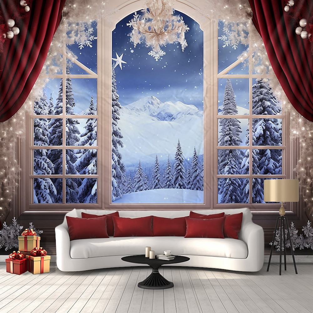 Fenster Winter Wunderland Wandteppich Wand Kunst große Wandteppich Wandbild Dekor Fotografie Hintergrund Decke Vorhang Haus Schlafzimmer Wohnzimmer Dekoration Lightinthebox