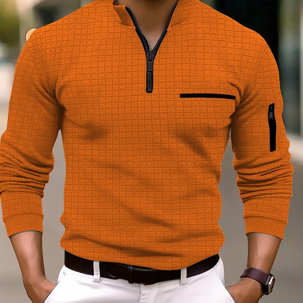 Herren Waffel-Poloshirt Pullover Sport Natur Freizeitskleidung Viertel Postleitzahl Langarm Modisch Komfortabel Farbblock Tasche Reißverschluss Frühling Herbst Regular Fit Schwarz Weiß Blau Orange Lightinthebox