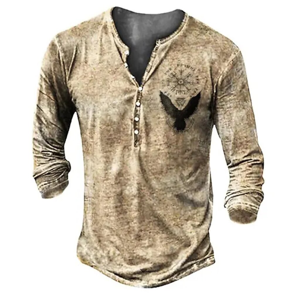 Herren Graphic Vikinger Henley Shirt Langarm 3D-Druck Täglich Brautkleider schlicht Vintage-Retro Casual Festtage Ausgehen Frühling Herbst Khaki Henley Henley T-Shirt Lightinthebox