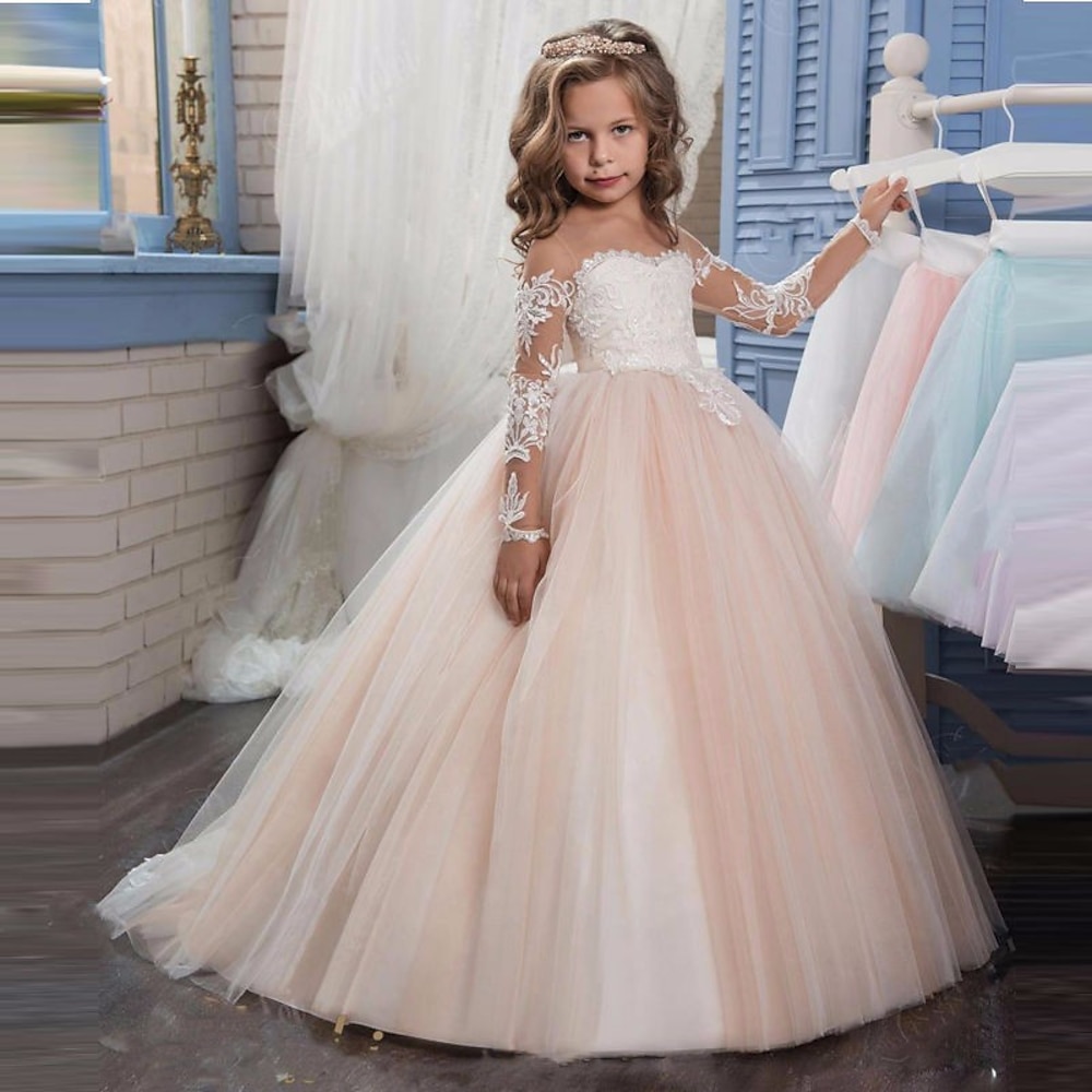 Blumenmädchenkleid Mädchen Prinzessinenkleid Kleid für die Erstkommunion Party Kleid Leistung Hochzeit Party Prinzessin Süß Gitter Feste Farbe Langarm Rundhalsausschnitt Weiß Elfenbein 2-12 Jahre Lightinthebox