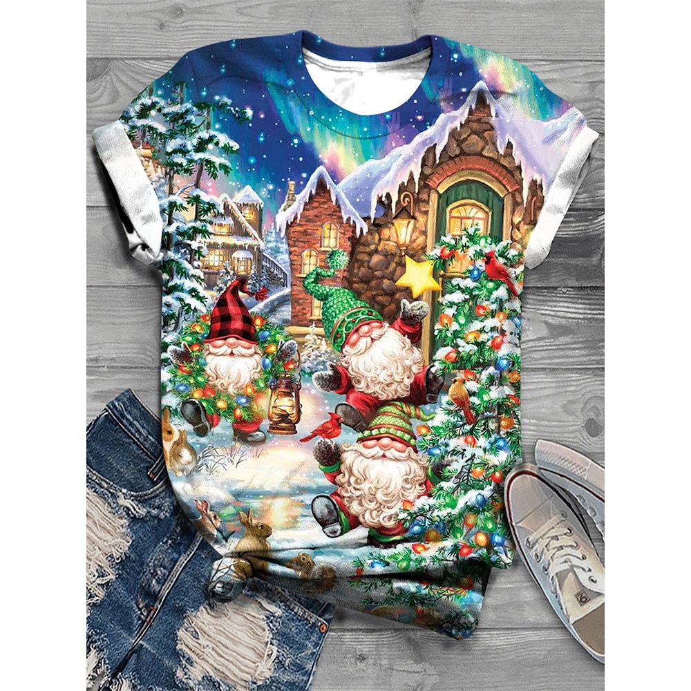 Unisex-T-Shirt mit festlichem Weihnachtsdruck, kurzärmelig, Rundhalsausschnitt, Urlaub, Weihnachtsmann, Baum, Stern, Schnee, Winter, lässig, Party, normale Passform, Kleidung Lightinthebox