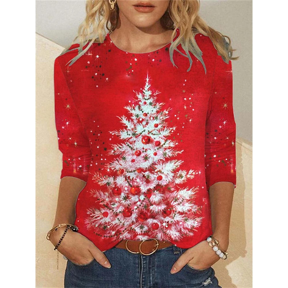 Damen-T-Shirt mit Weihnachtsbaum, Rot, Weiß und Gold, festliches Urlaubs-T-Shirt mit Grafik, lässiger Rundhalsausschnitt, Dreiviertelärmel, bequeme Passform, saisonale Winterkleidung, Größen verfügbar Lightinthebox