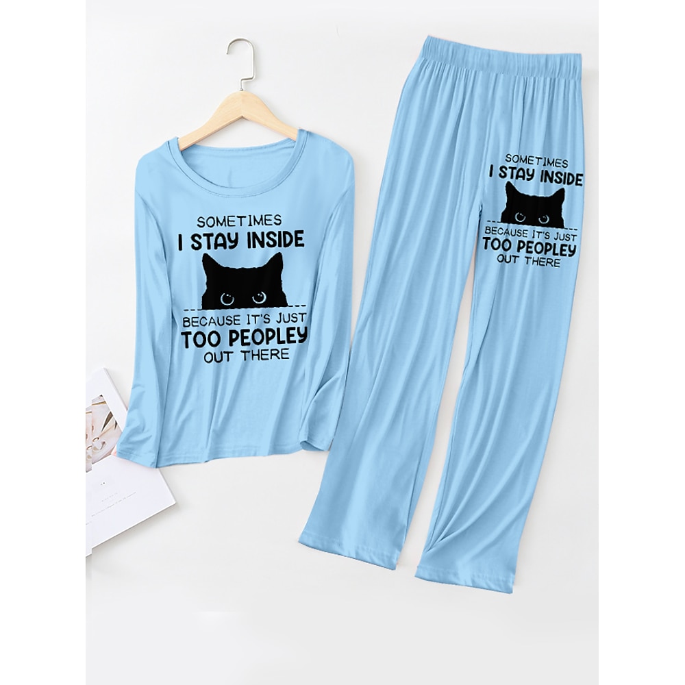 Pyjama-Oberteil und -Hose für Damen mit Katzenbuchstaben, warm, bequem, weich, für zu Hause, für den Alltag, Elasthan, warm, atmungsaktiv, Rundhalsausschnitt, langärmeliges T-Shirt, T-Hose, Lightinthebox