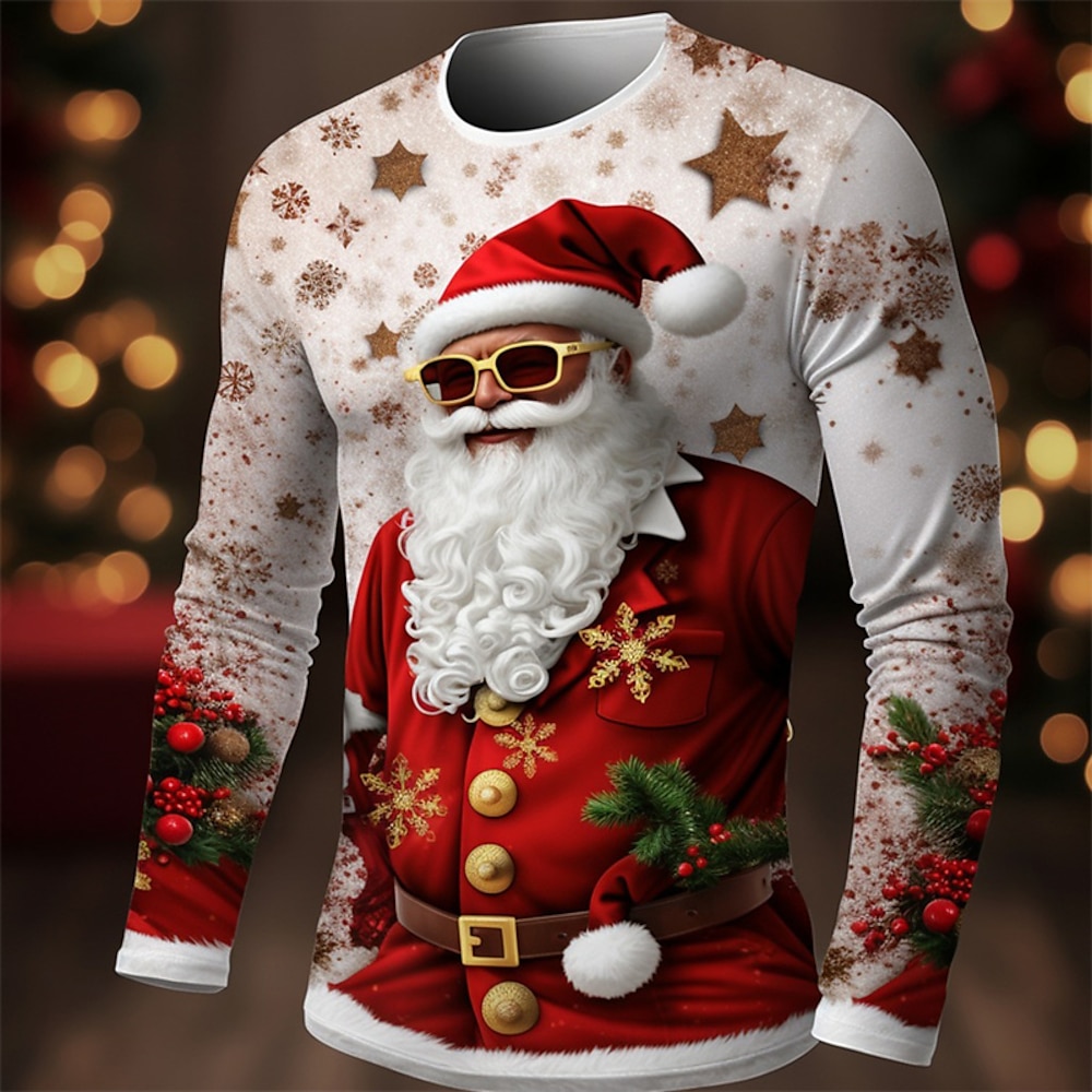 Weihnachten Herren Graphic Weihnachtsmann T Shirt Langarm T-Shirt 3D-Druck Rundhalsausschnitt Hemd Modisch Designer Brautkleider schlicht Sports Outdoor Festtage Ausgehen Rote Königliches Blau Blau Lightinthebox