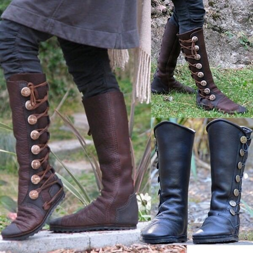 braune mittelalterliche Schnürstiefel für Damen - Vintage-Kunstlederstiefel mit dekorativen Knöpfen für Cosplay, Renaissance-Messen und Reenactments Lightinthebox