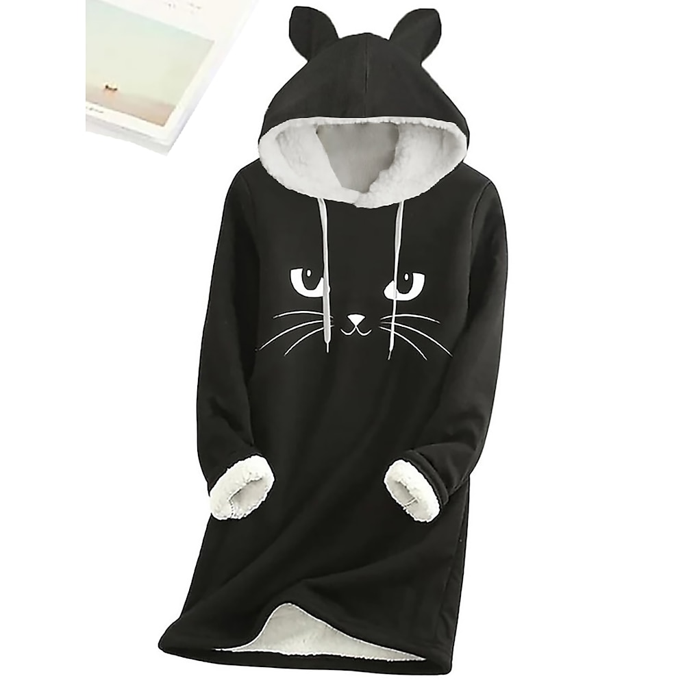 Damen Sweatkleid Casual kleid Minikleid Sherpa Fleece gesäumt Warm Outdoor Ausgehen Wochenende Kapuzenpullover Bedruckt Katze Lockere Passform Schwarz Dunkelpink Blau S M L XL XXL Lightinthebox