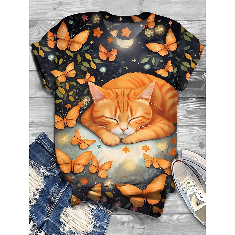 Damen T-Shirt Mode Katze Schmetterling Print Kurzarm Normale Oberteile Rundhals Täglich Wochenende Schwarz Orange Grün Grau Sommer Lightinthebox