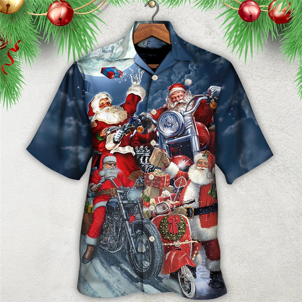 Weihnachtshemden für Herren mit Weihnachtsmann-Aufdruck, Weihnachtsmann, Motorrad, abstrakter Rock, Outdoor, Straße, Herbst, Umlegekragen, kurzärmelig, Dunkelmarineblau, S, M, L Lightinthebox