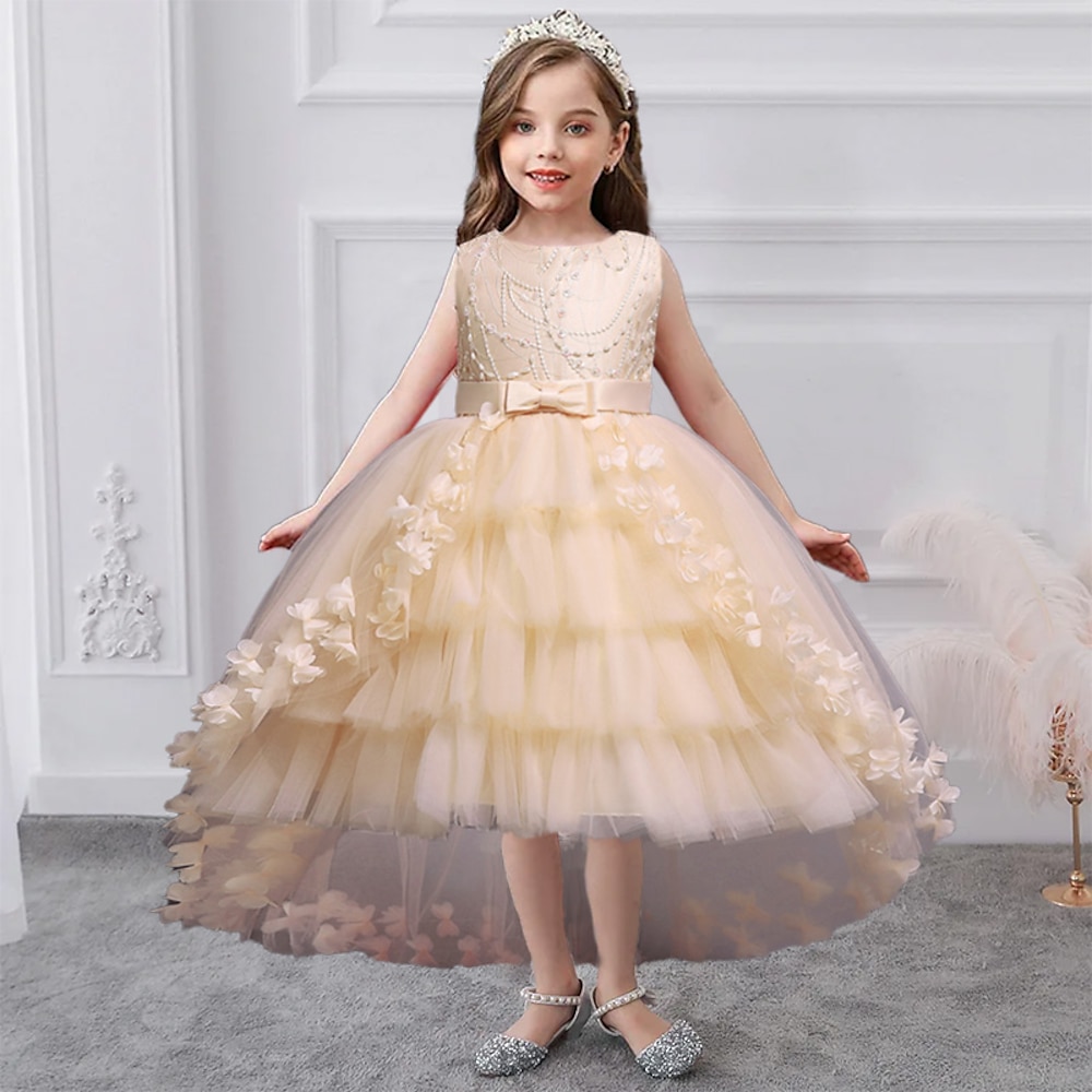 kinderkleidung Mädchen Blumenmädchen Kleid Kleid Einfarbig Ärmellos Leistung Party Gitter Schleife Prinzessin Süß Baumwolle Tüll Asymmetrisch A Linie Kleid Sommer Frühling 3-12 Jahre Weiß Rosa Wein Lightinthebox