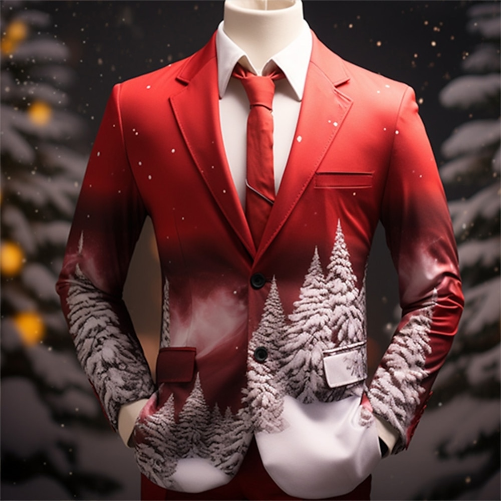 Weihnachts-Blazer für Herren mit Weihnachtsszenen-Print, Baum-Business-Mantel, Blazer, warm, atmungsaktiv, bequem, Arbeitskleidung, zum Ausgehen, Knopfdruck, mehrere Taschen, normale Passform, Lightinthebox