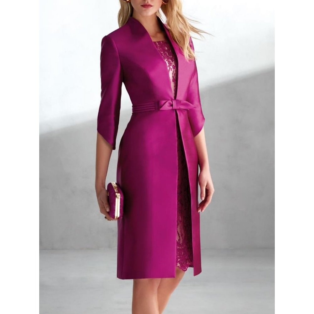TS Zweisitzer Mutter der Braut Kleid Hochzeit Gast Elegant Petit Rundhalsausschnitt knielang Satin Spitze 3/4-Länge Ärmel mit Schleife(n) Raffung Einfarbig Derby Kleid 2025 Lightinthebox